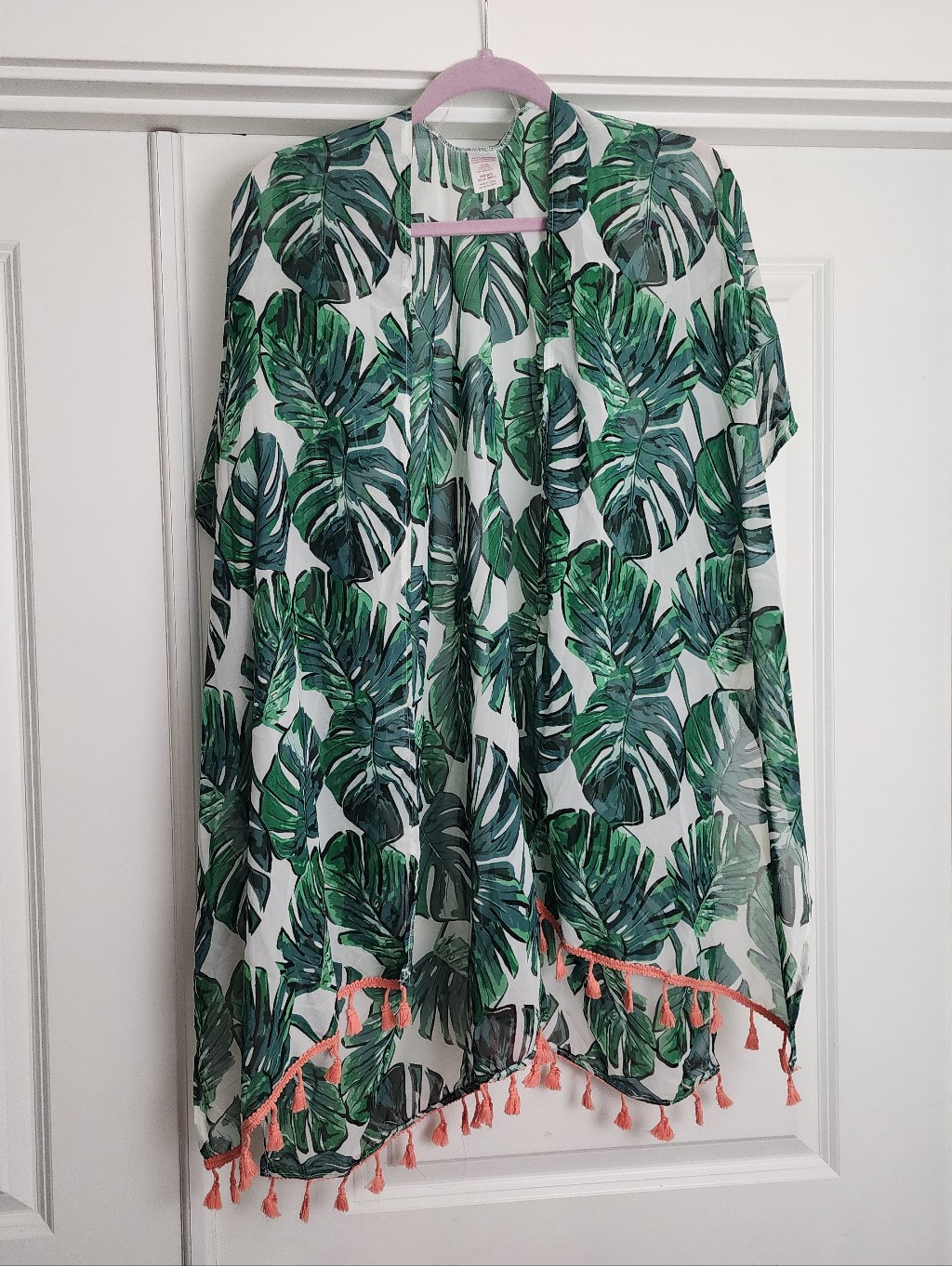 Tropical Leaf Swimsuit Cover With Coral Tassel Trim